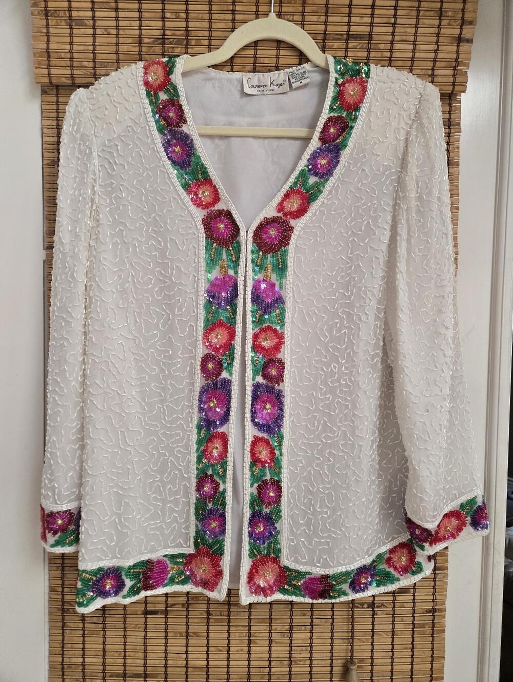 Laurence Kazar Vintage White Beaded Floral Trim Open Cardigan